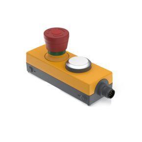 RAFI 1221143920200 | E-BOX M12, Not-Halt, Leuchtdrucktaster, 2 Ö + 1 S, Gold, M12 8-polig A-kodiert, Rückstellung durch Drehen, Pilzkopf rot, Blende FLEXLAB, beleuchtbar