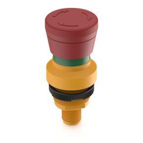 RAFI 1100310010000 | RAMO 22 E, M12, Bund rund, 2 Ö, Gold, M12 4-polig A-kodiert, Rückstellung durch Drehen, Pilzkopf rot, Pfeile rot