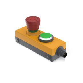 RAFI 1221142120500 | E-BOX M12, Not-Halt, Leuchtdrucktaster, 2 Ö + 1 S, Gold, M12 8-polig A-kodiert, Rückstellung durch Drehen, Pilzkopf rot, Blende grün, beleuchtbar