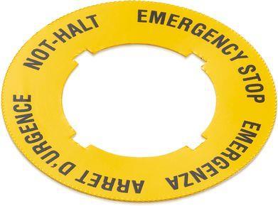 RAFI 5762041260400 | Not-Halt, Klebeschild, rund 30.3, Außendurchmesser 60 mm, 4 x EMERGENCY STOP, gelb