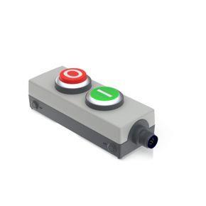 RAFI 1222512423501 | E-BOX M12, 2 Drucktaster, Frontring silbermetallic, 1 Ö + 1 S, Blende rot / grün, Beschriftung I / O